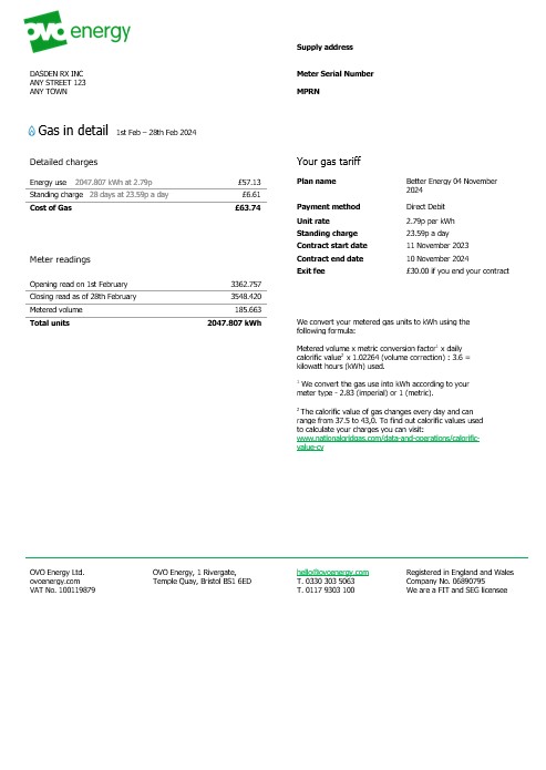 United Kingdom Ovo Energy business utility bill, Word and PDF template PSD template